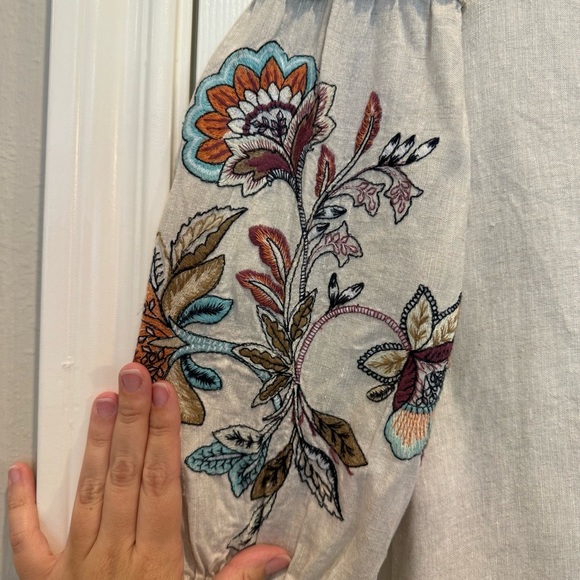 CHICOS 100% Linen Cream Puff Sleeve Embroidered Tunic Blouse Women’s Sz 14 Boho - Picture 5 of 11